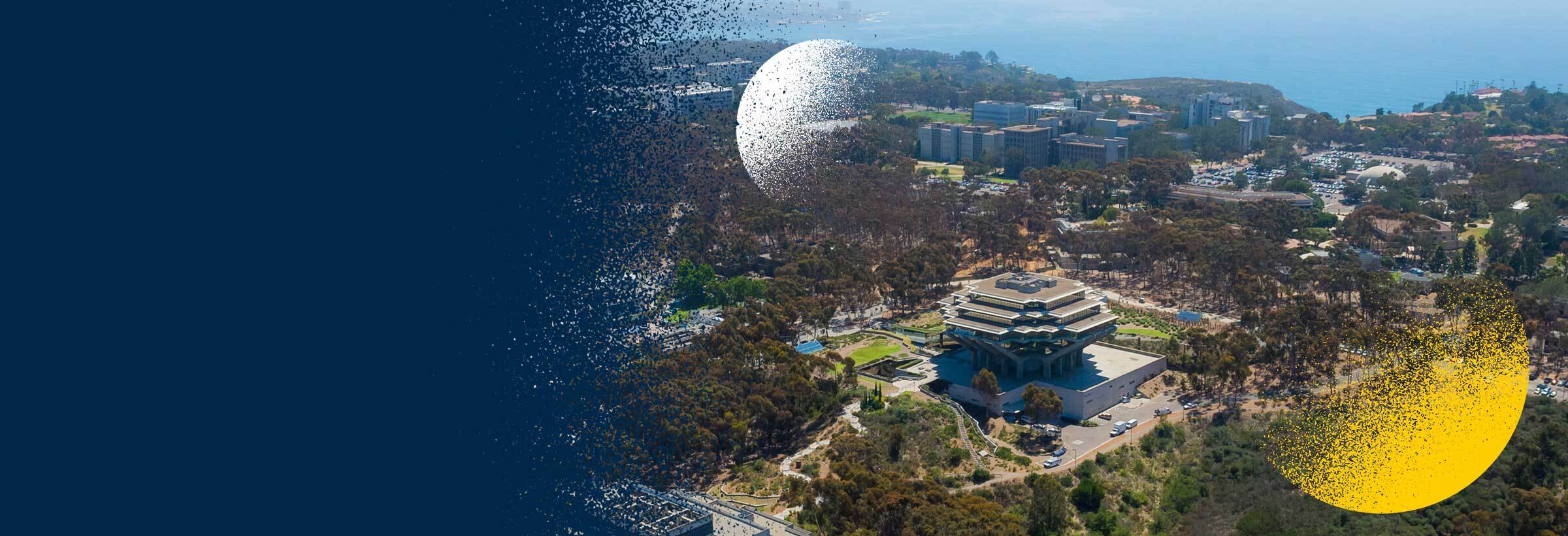 Ariel view of UC San Diego with Geisel Library as the focus