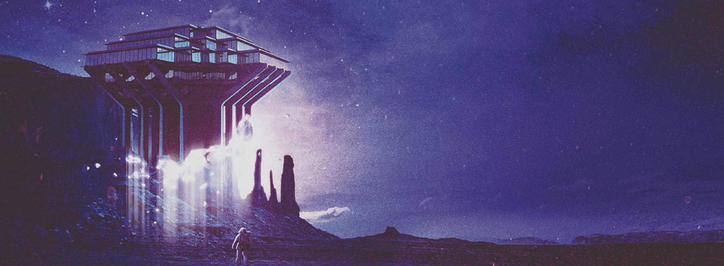 Illustration of Geisel Library as a spaceship floating over an outerworld planet