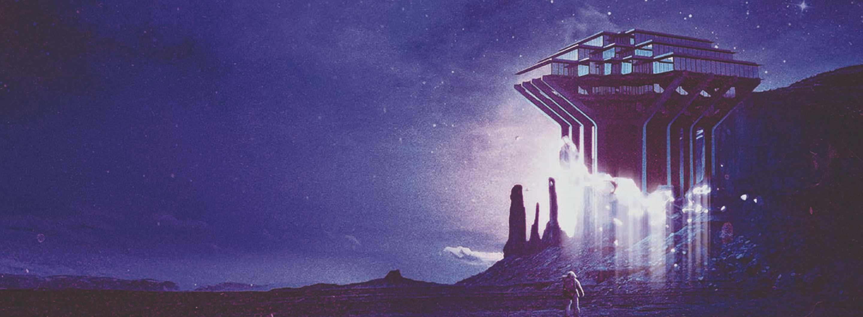 Illustration of Geisel Library as a spaceship floating over an outerworld planet