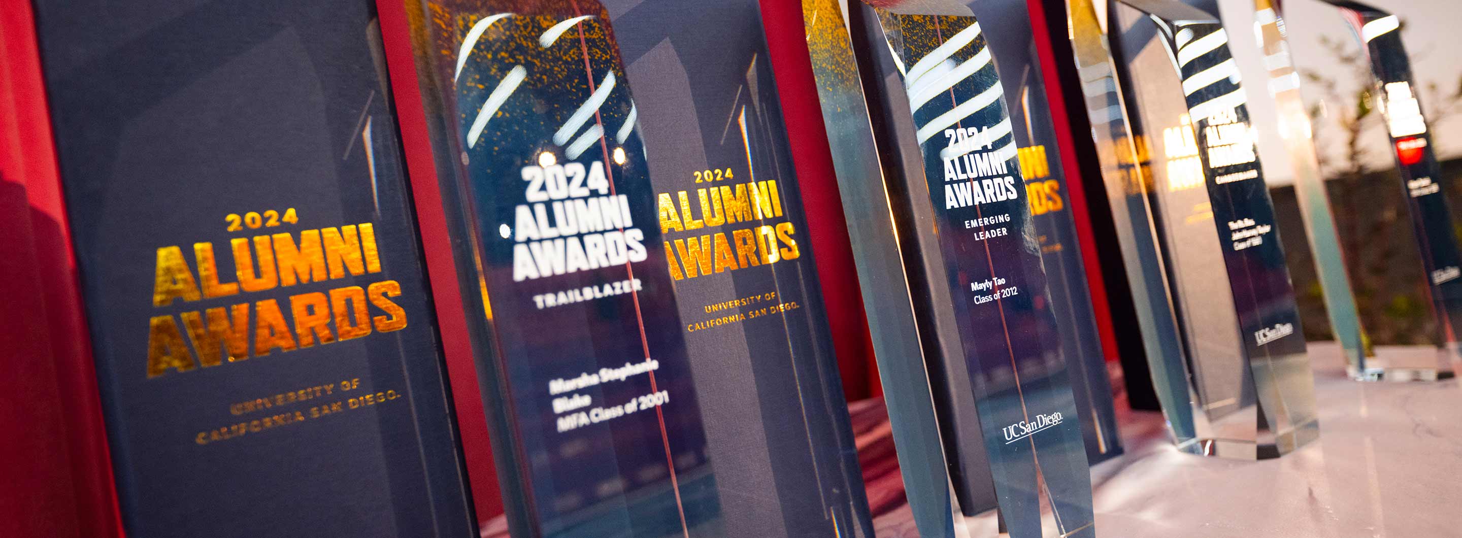 Alumni Award trophies lined up on a table