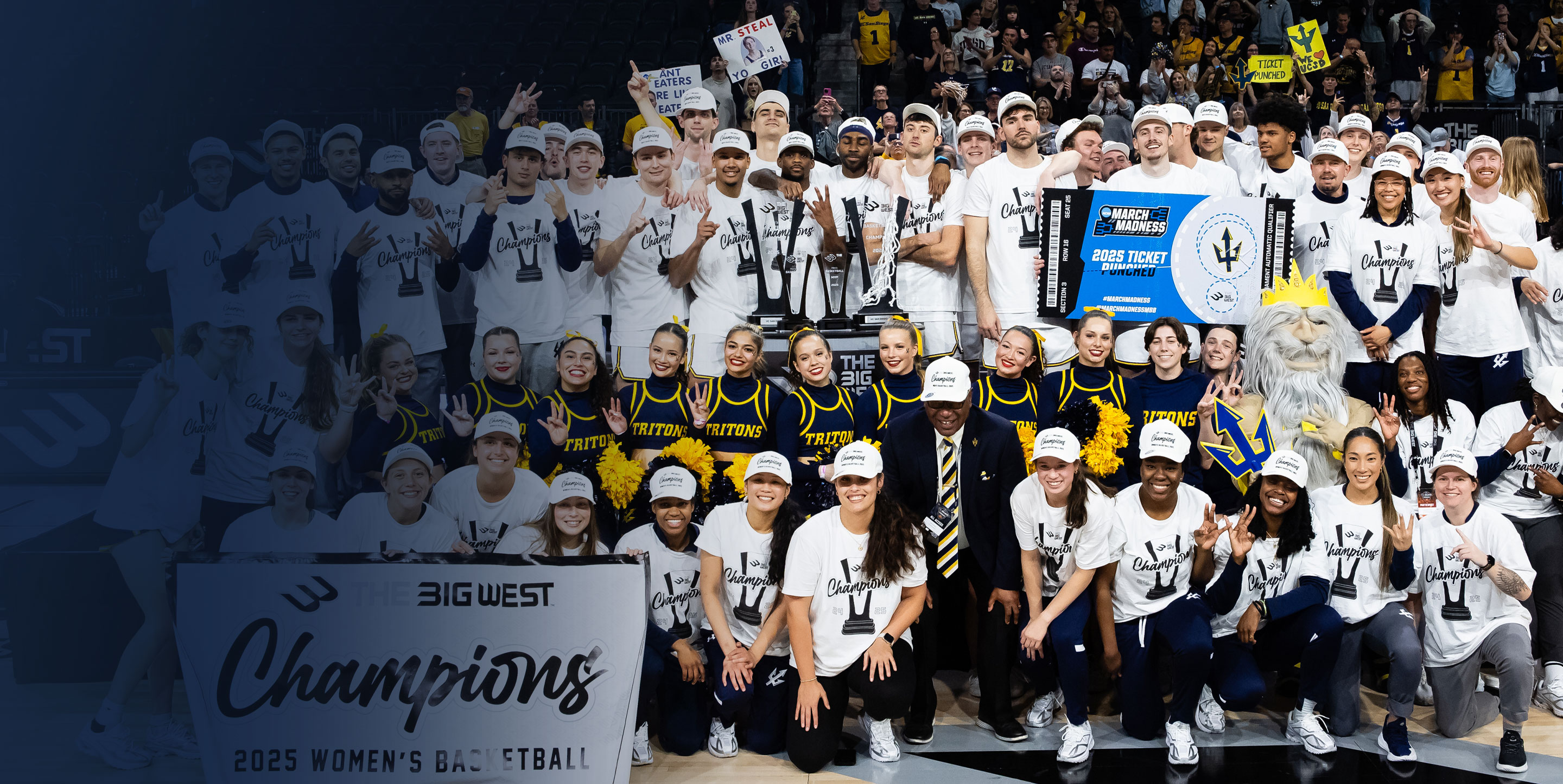 Men and Women's basketball group photo in front of Big West sign wearing championship t-shirts holding up jumbo March Madness ticket