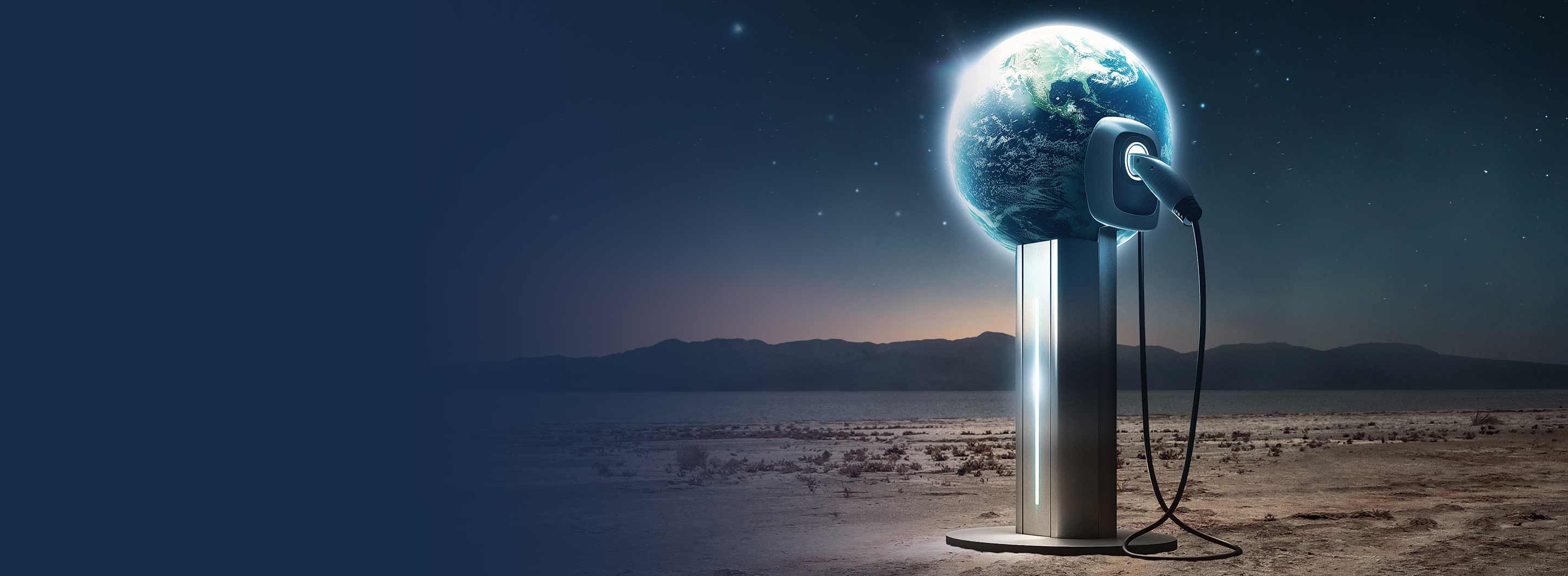 Earth sits on a pedestal with an EV charger plugged into it; the background is a desert rimmed by mountains during a sunrise.